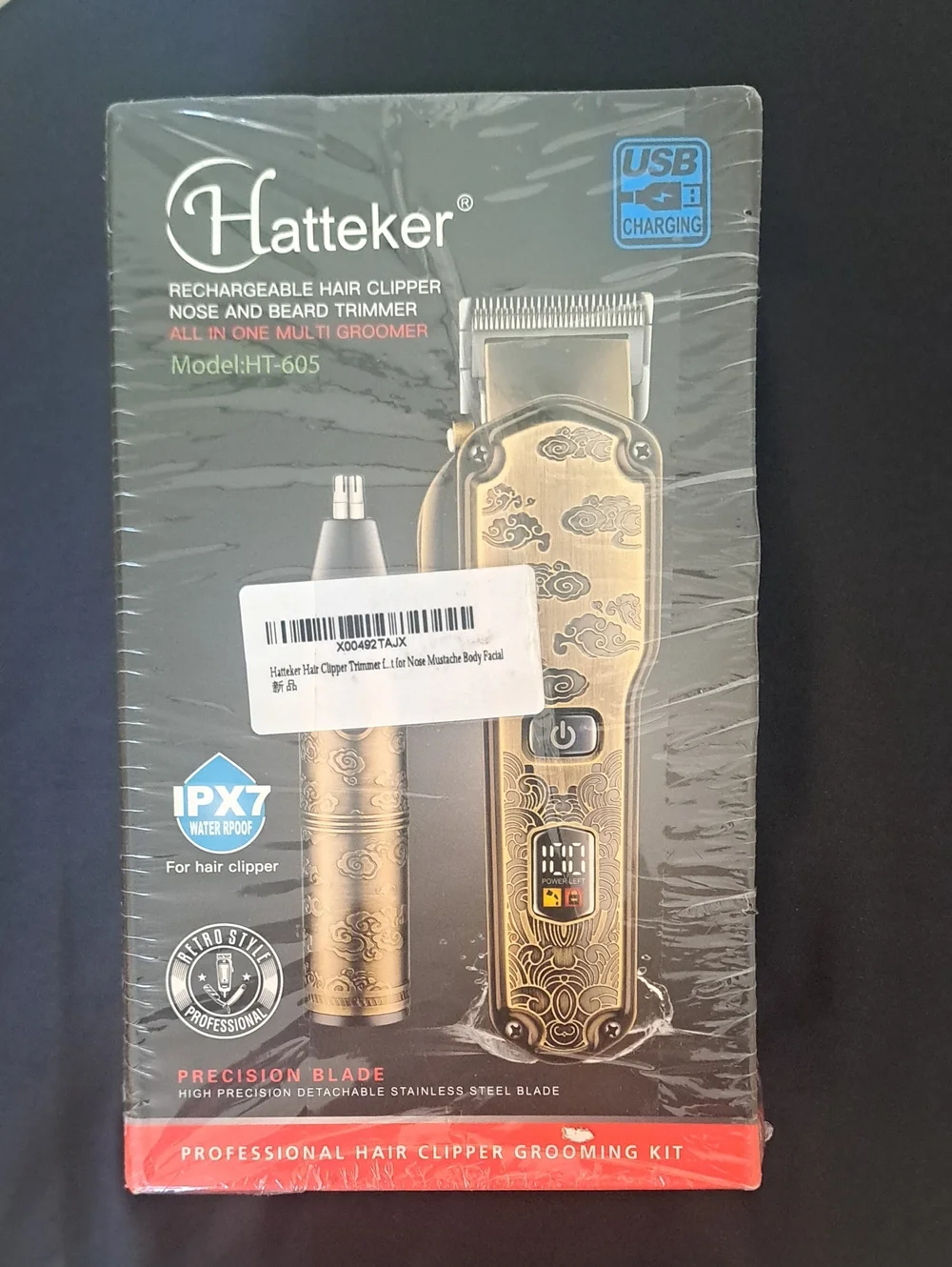 Hatteker Gold Pattern Rechargeable Hair Clipper Nose And Beard Trimmer